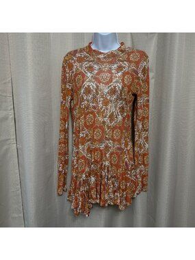 Free People Annabelle Mock Neck Printed Tunic Dress Women's Size Medium Orange